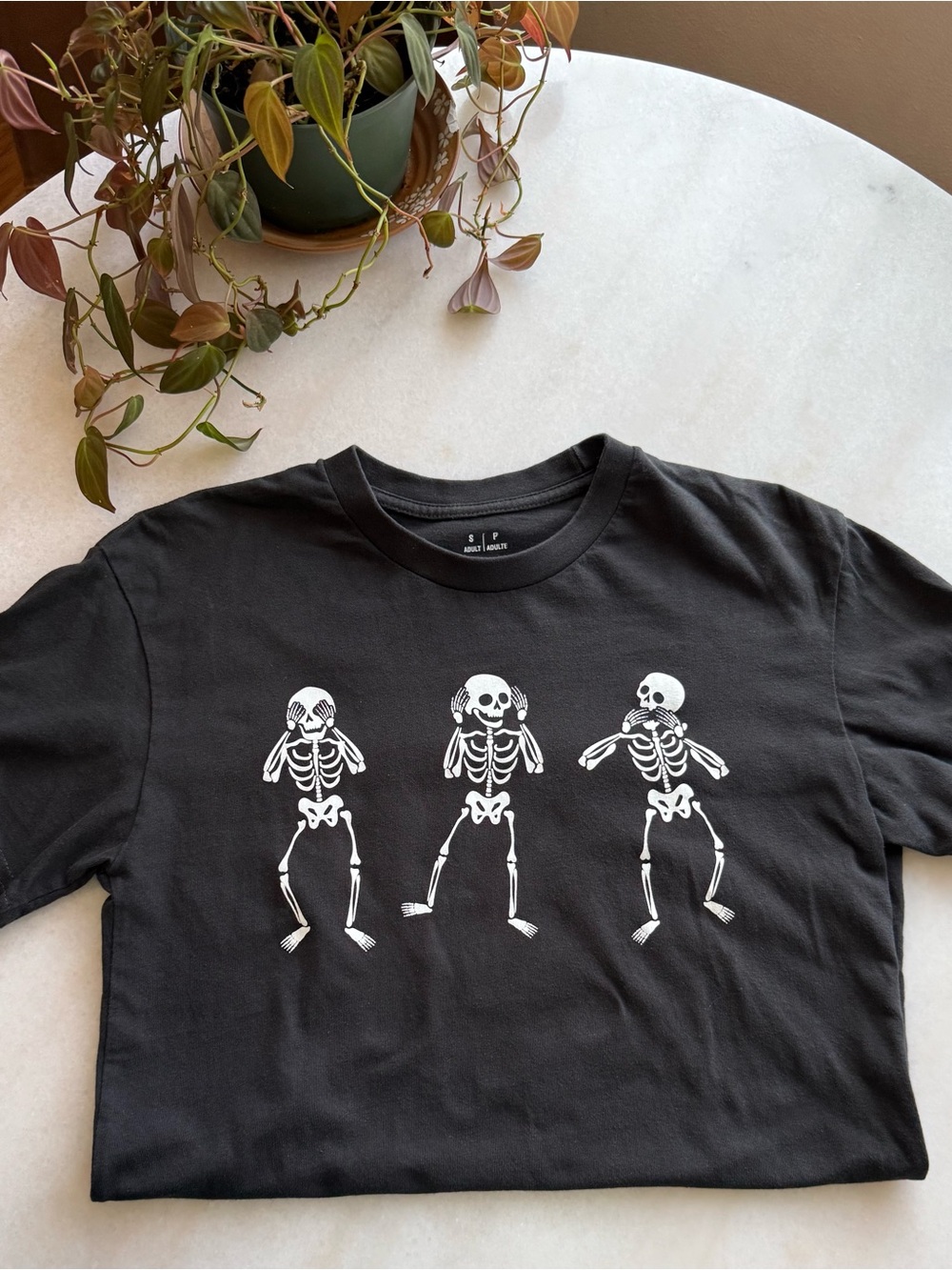 Womens Small Black Graphic Tee White Skeletons Print Celebrate it Halloween